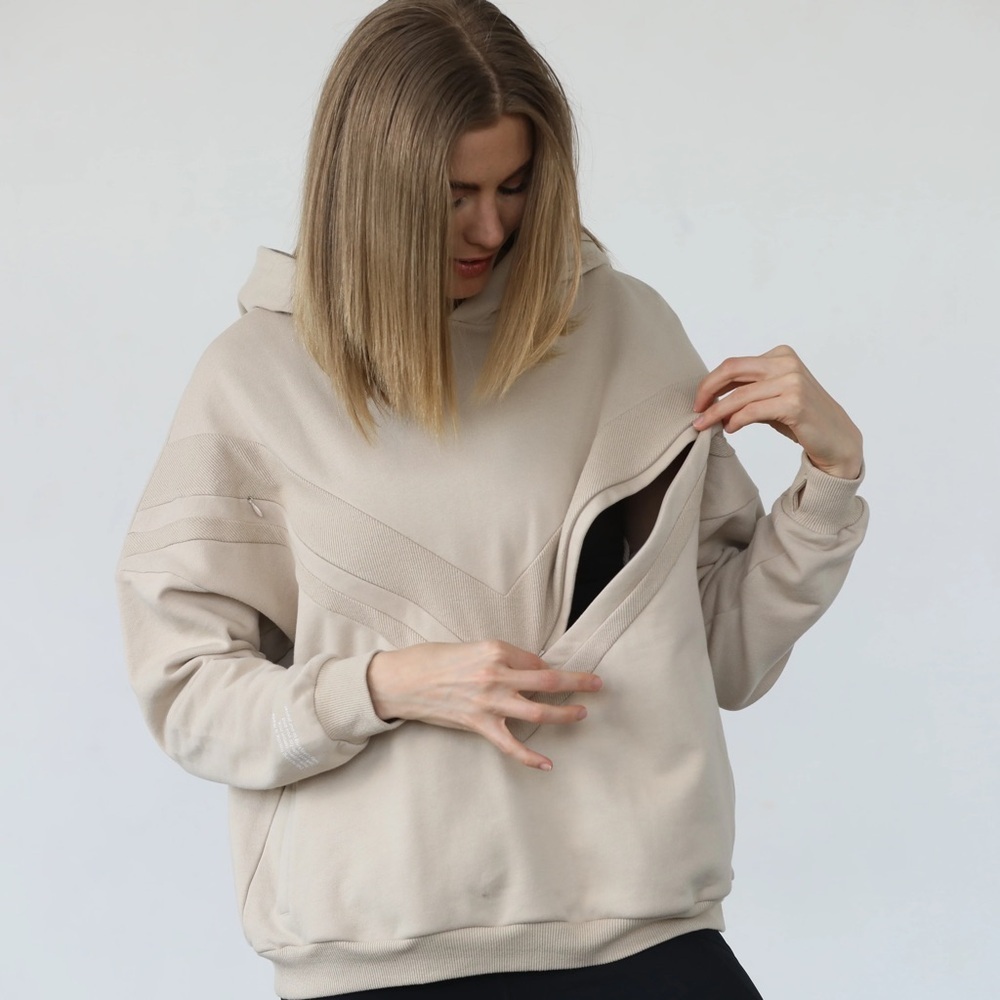 Women's Beige Hooded Sweatshirt - Casual Pullover Hoodie - Picture 2 of 8